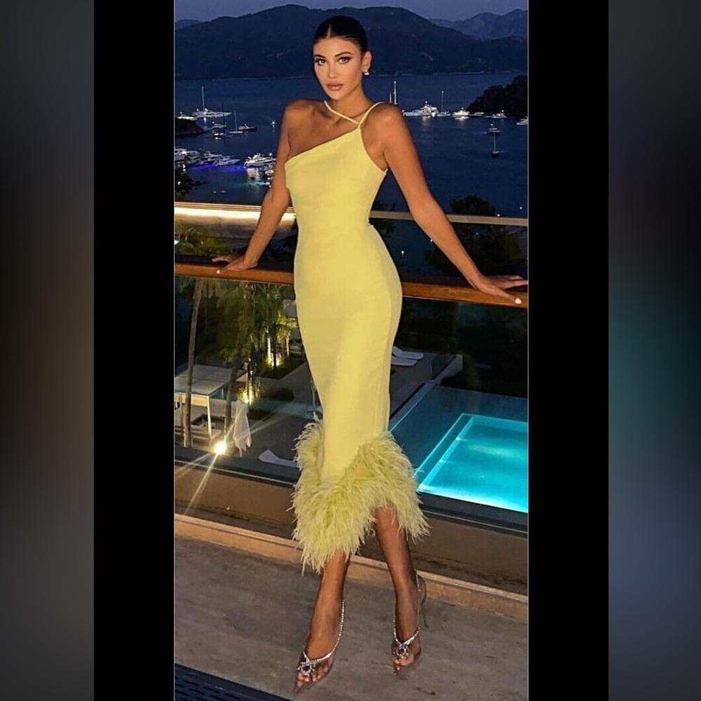 House Of Cb 'Alessia' Green Asymmetric Feather Trim Midi Dress Size S US4-6 $369 - Picture 4 of 10